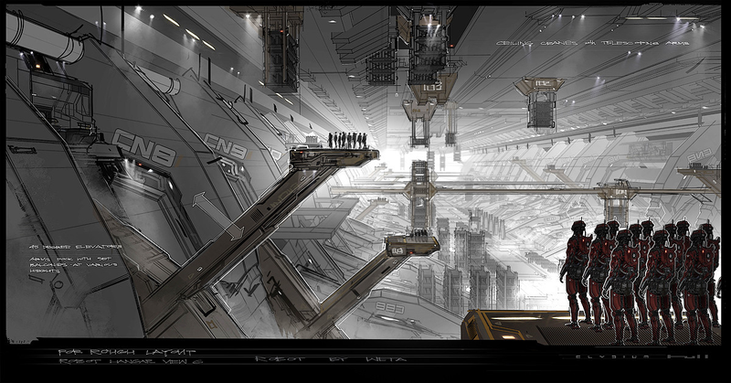 Illustration for article titled Breathtaking Concept Art of Elysium's Spaceship Hangar and Robot Deck